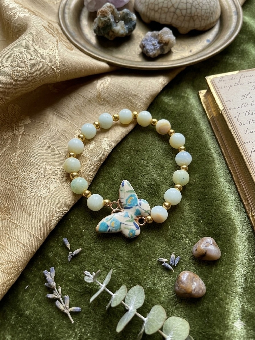 Handmade Green Beaded Butterfly Bracelet